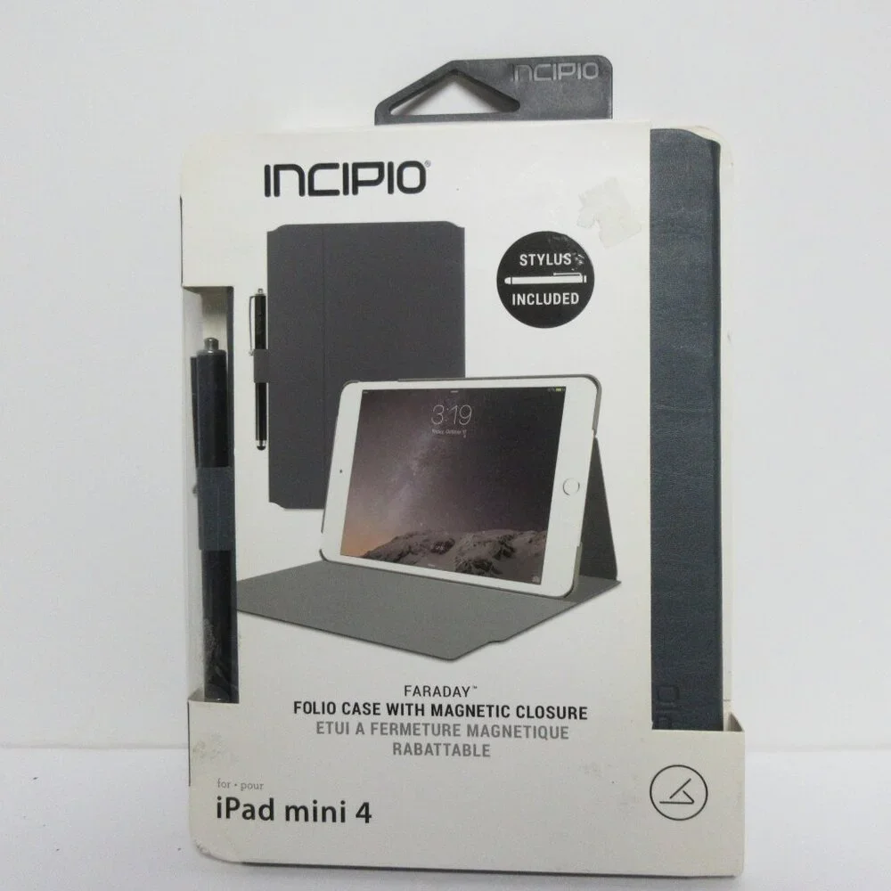 Incipio Faraday Navy Leather Case i pad mini 4 Gray Magnetic Closure W/Stylus